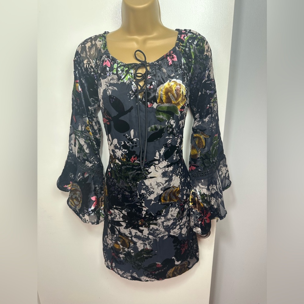 BRONTË Black Sabrina Floral Velvet Bell Ruffle Sleeve Dark Romantic Dress Size S